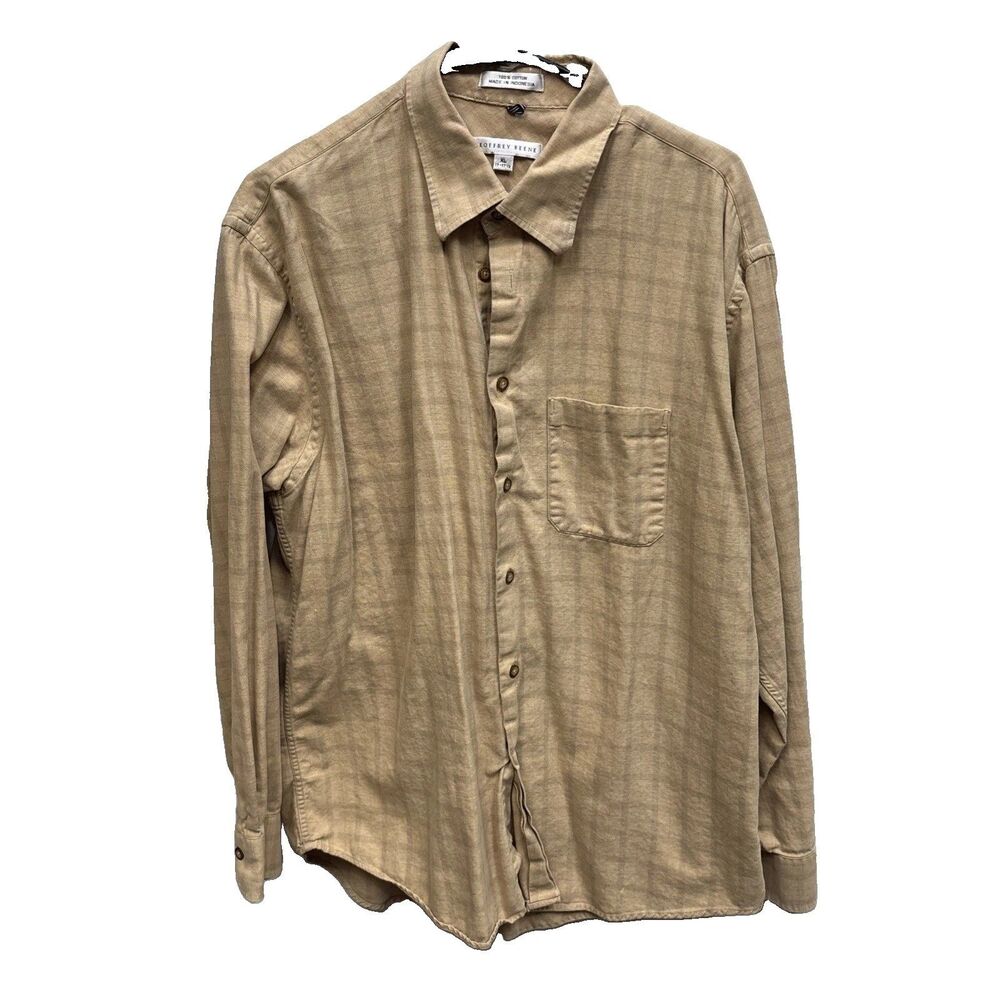 Geoffrey Beene Shirt Men XL Tan Cotton Plaid Long Sleeve Button Down Pocket
